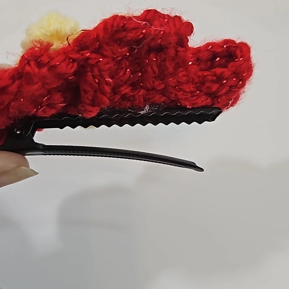 Hand Crafted Hand Knit Crochet Bow Hair Clip Red & Yellow puffy crocheted flower